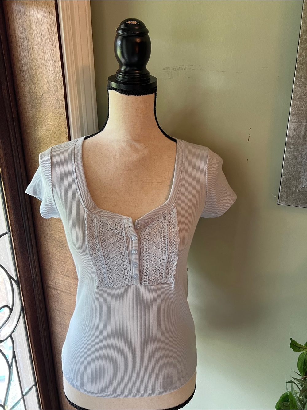 Heart Hips Light Blue Lace-Front Ribbed Short Sleeve Top